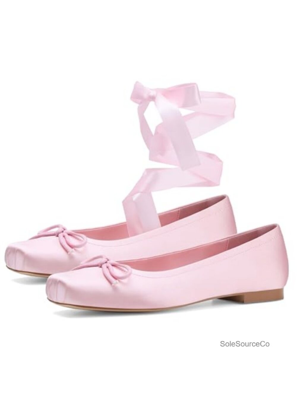 Satin Ballet Flats with Detachable Ribbon Straps Square Toe Cushioned